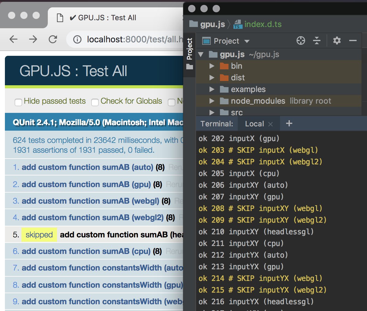 robertlplummer's tweet image. #gpujs status tonight: BOTH #browser & #NodeJS #GPGPU unit tests.
A sneak peek....