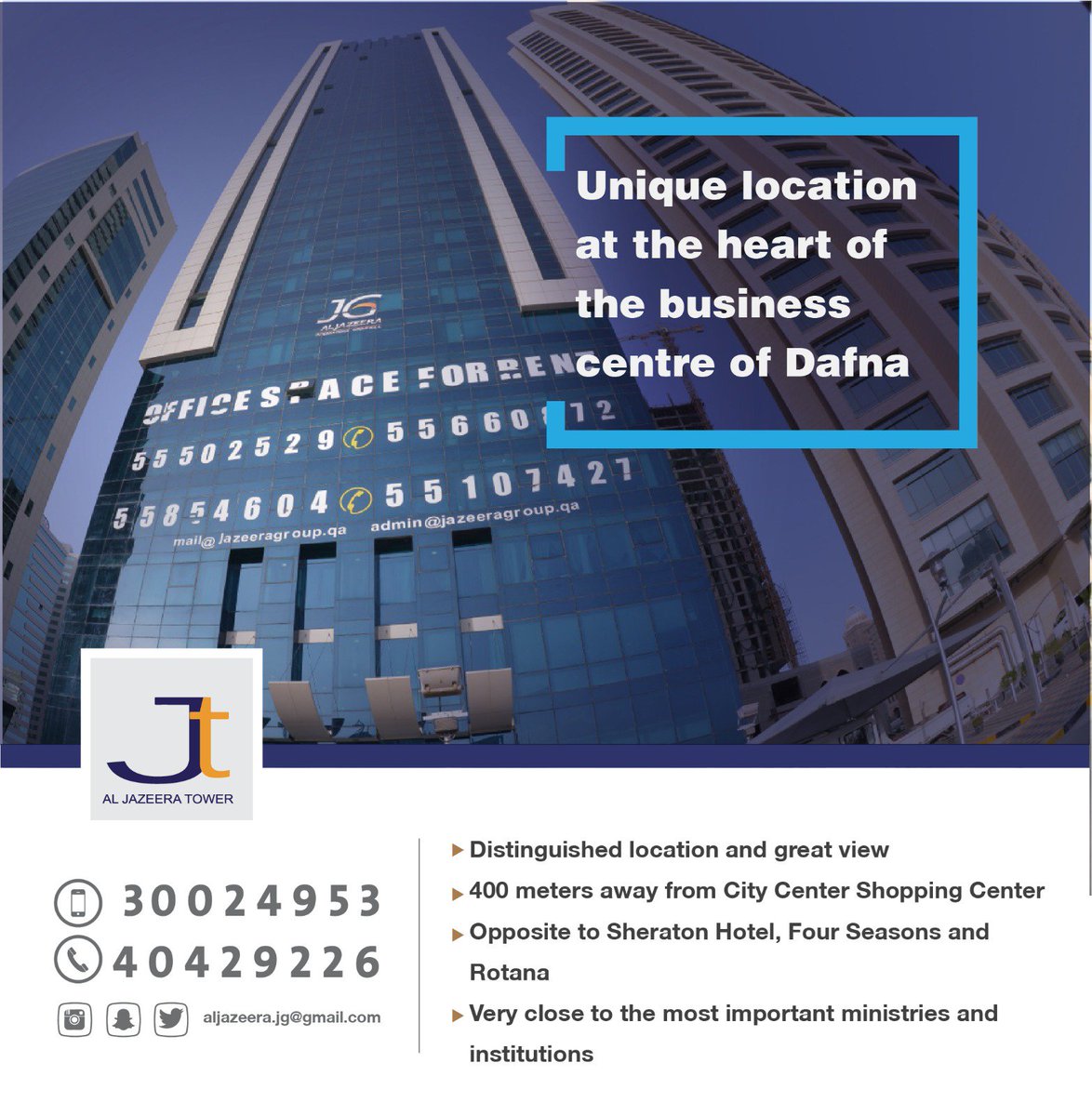AljazeeraJg's tweet photo. Unique location at the heart of the business center of Dafna

الموقع الفريد في قلب مركز الدفنة التجاري

#RealEstate #OfficesForRent #WestBay #Doha #Qatar https://t.co/Yk3UHiTyJn