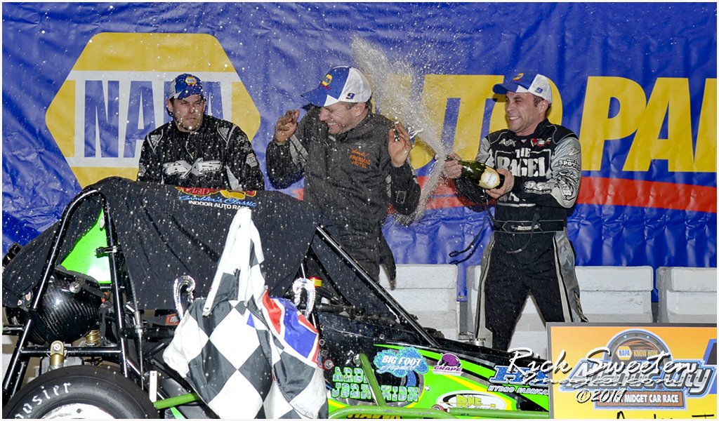 RSweetenImages's tweet photo. What a great night or racing! @AndyJ573x  celebrates in Victory Lane with @TimBuckwalter52 and @SkipFlores #ACINDOOR https://t.co/PHsteNb7kI