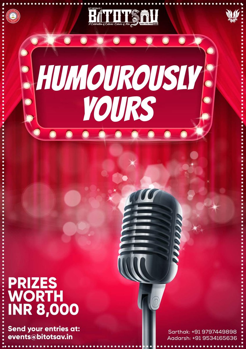 Bitotsav's tweet photo. BITOTSAV’19 presents Humorously Yours, a stand-up competition to leave the audience in splits.
For further details, rules and regulations 👇
https://t.co/VGSPWaq3iK
#bitotsav_19
#colours_of_asia https://t.co/Q9wsAGd9mE