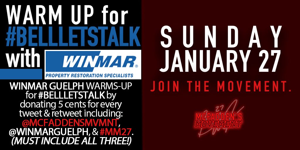 McFaddensMvmnt's tweet photo. We’re warming up for #BellLetsTalk today!

@WinmarGuelph is donating 5 cents for every tweet and retweet today with @McFaddensMvmnt, @WinmarGuelph, &amp; #MM27 (must include all 3)! Join the Movement with a tweet! https://t.co/TrVHuDQupC