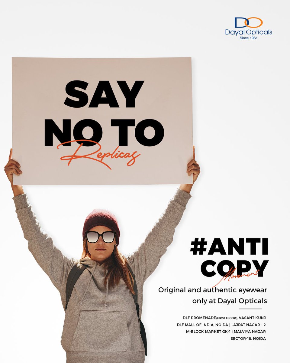 dayalopticals's tweet photo. Join the #AntiCopy movement with Dayal Opticals and shun imitation and duplicate eyewear.

Get to your nearest store for authentic products here - https://t.co/UmIOA7qp1L

#Original #DayalOpticals #Authentic https://t.co/9r6gclehf7