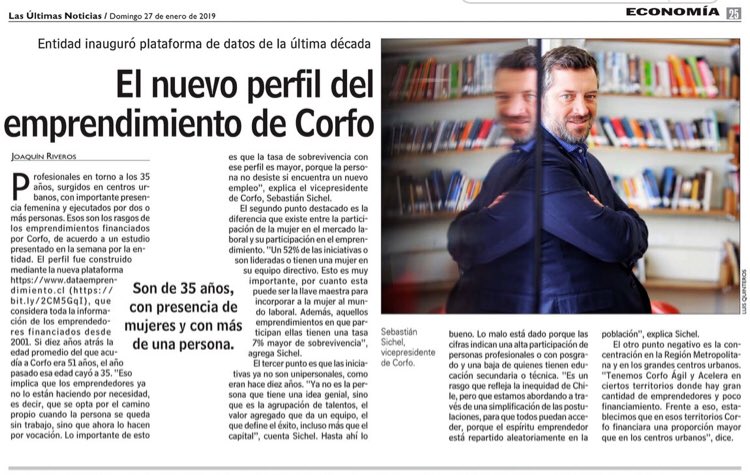 Corfo's tweet photo. En @lun el VPE #Corfo @sebastiansichel analiza el nuevo perfil de los emprendedores chilenos, según los datos de la plataforma #DataEmprendimiento y cómo estamos haciendo una #CorfoMásSimple para apoyarlos 👉🏻 https://t.co/nkrxSn629R 🚀🇨🇱💡🙋🏻♀️🙋🏻♂️ https://t.co/6kBw8moOEq