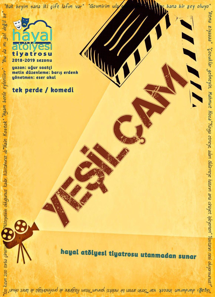 Yeşilçam
🗓 13 Şubat 2019
⏰ 20:00
📍 SBB Sanat Merkezi Büyük Salon
🎟 Biletler BİLETİVA ve GİŞE ’de.

Bilet almak için biletiva.com/seats/HAYAL_AT…
tıklayın.

Ayrıntılı bilgi için 
hayalatolyesitiyatrosu.com