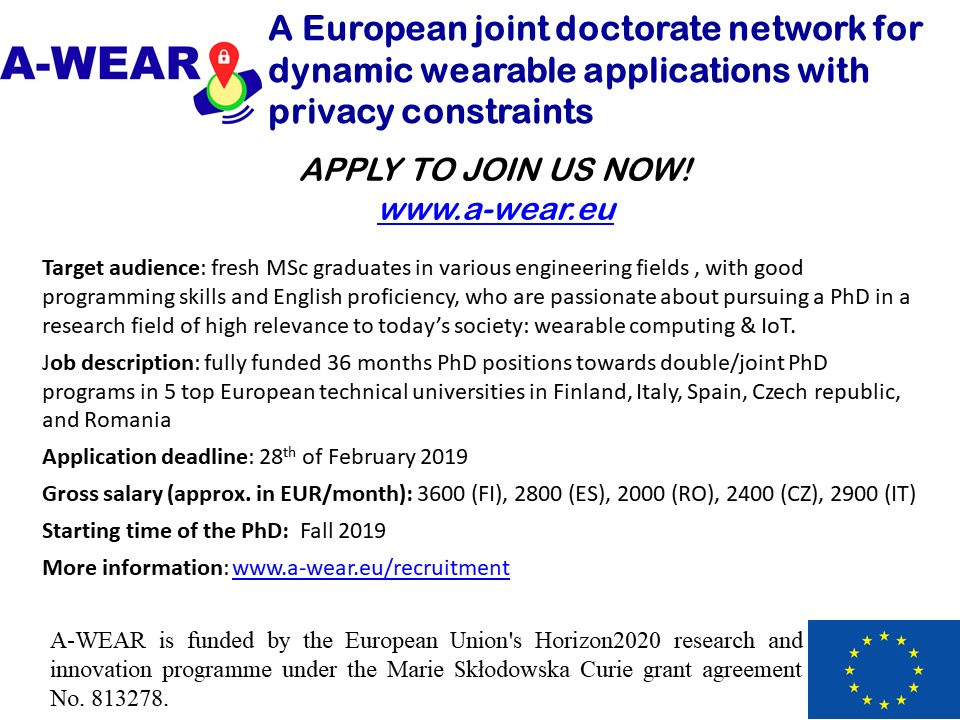 George Suciu (@georgesuciug) on Twitter photo Deadline 28th Feb for PhD/Early Stage Researcher (ESR) positions @A_WEAR_Project ESR9 <a href="/beiaconsult/">Beia Consult Int</a> "Industrial #wearables for work safety" tut.fi/a-wear/recruit… #blockchain #IoT #cloud #cybersecurity #sensors #MQTT #Grafana #GDPR
Employer: <a href="/upb1818/">Universitatea POLITEHNICA din București</a> Double PhD degree @VUTvBrne Deadline 28th Feb for PhD/Early Stage Researcher (ESR) positions @A_WEAR_Project ESR9 <a href="/beiaconsult/">Beia Consult Int</a> "Industrial #wearables for work safety" tut.fi/a-wear/recruit… #blockchain #IoT #cloud #cybersecurity #sensors #MQTT #Grafana #GDPR
Employer: <a href="/upb1818/">Universitatea POLITEHNICA din București</a> Double PhD degree @VUTvBrne
