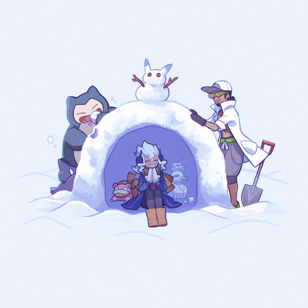 snowman shovel pokemon (creature) sitting gloves hat dark-skinned male  illustration images
