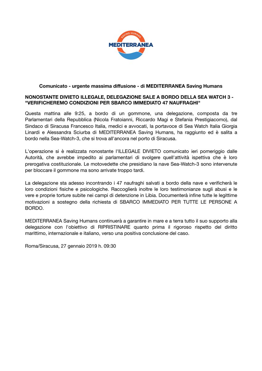 Delegazione sale a bordo della #SeaWatch3 - "Verificheremo condizioni per sbarco immediato dei 47 naufraghi".

A delegation has reached the Sea-Watch3 - "We will verify conditions to demand the immediate disembark of the 47th people onboard".