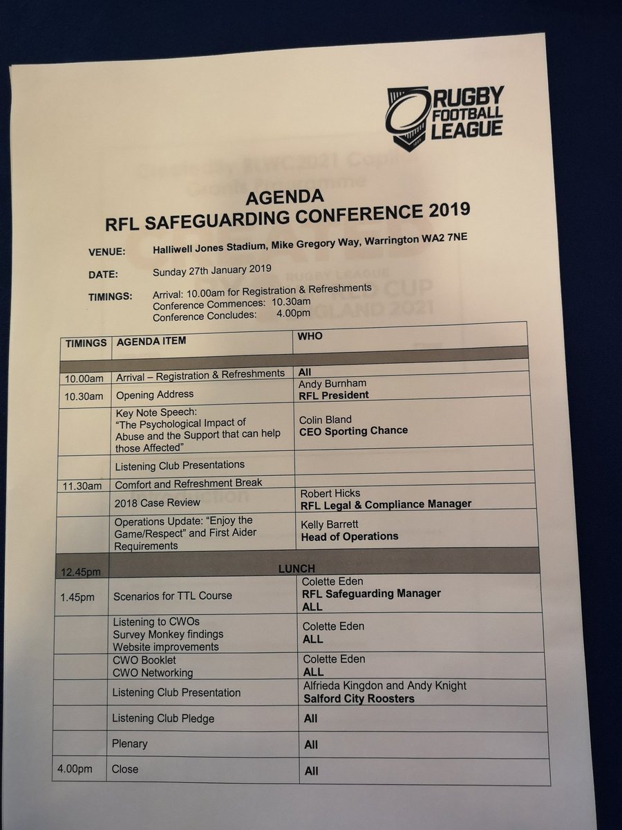 Todays agenda
<a href="/TheRFL/">Rugby Football League</a> #safeguarding