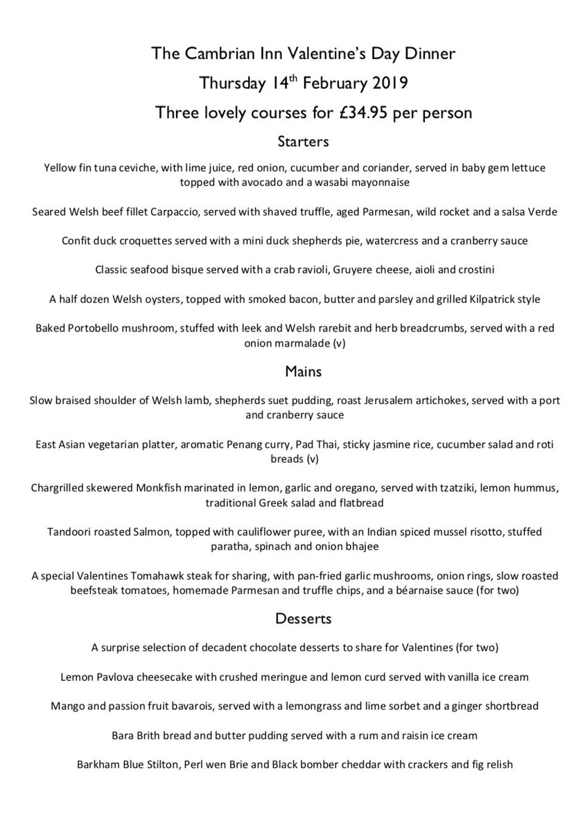 Bookings for Valentines Evening Dinner <a href="/TheCambrianInn1/">The Cambrian Inn</a> now being taken, menu below to whet your appetite, call 01427 721210 to book.