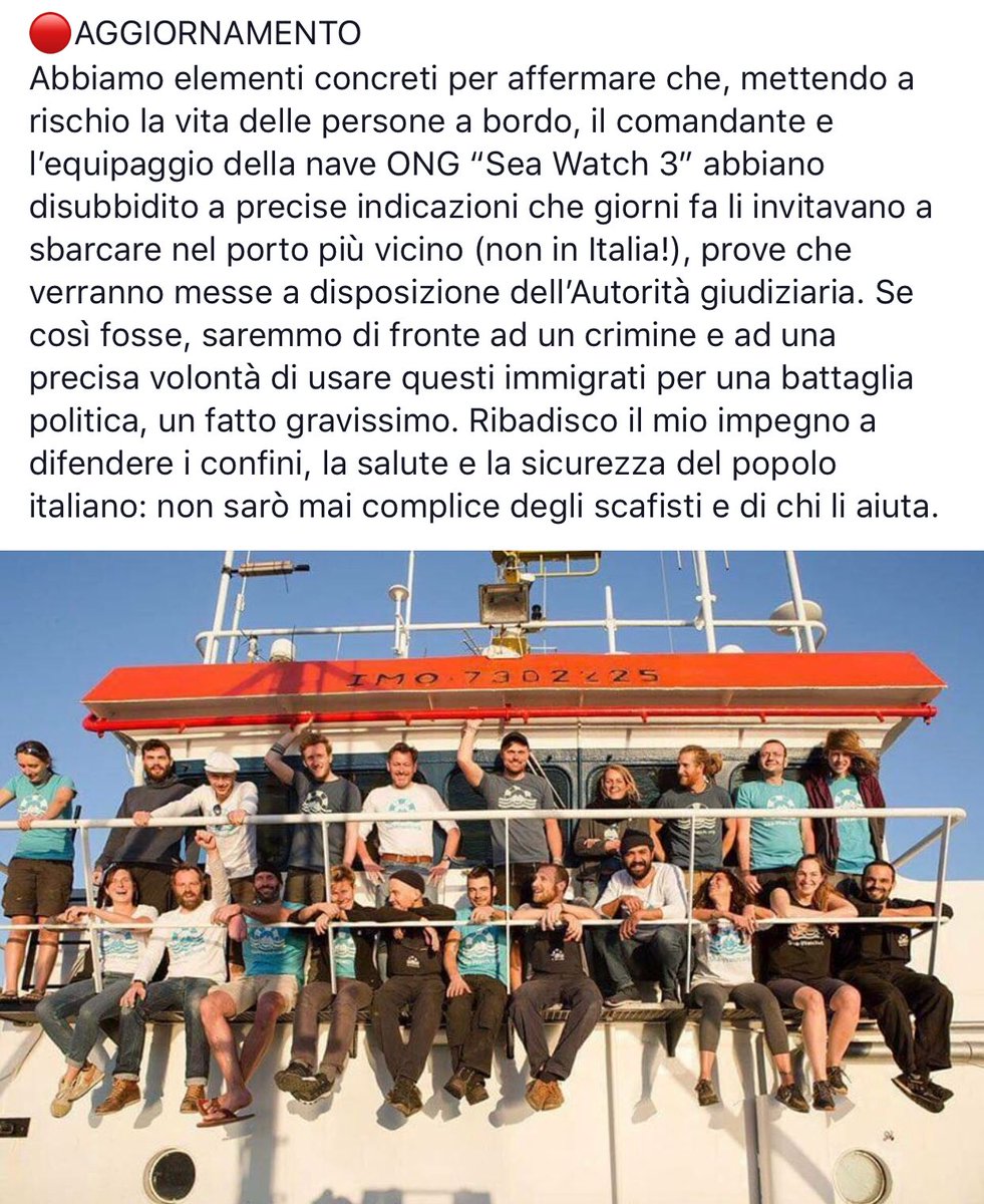 🔴AGGIORNAMENTO
Abbiamo elementi concreti per affermare che il comandante e l’equipaggio della nave ONG #SeaWatch3 abbiano disubbidito a precise indicazioni che giorni fa li invitavano a sbarcare nel porto più vicino (non in Italia!).