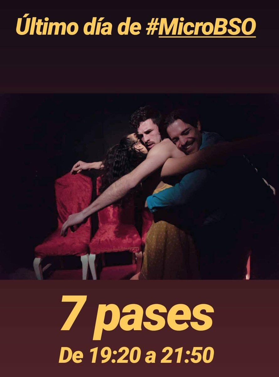 mariafcasanova_'s tweet photo. Esto se acaba. Última oportunidad de ver #MicroBSO 🧑🏼👩🏻🧔🏻🎥
7 pases entre las 19:20h y las 21:50h ¡Venirse a @microteatro! https://t.co/M3nmbtlgvD