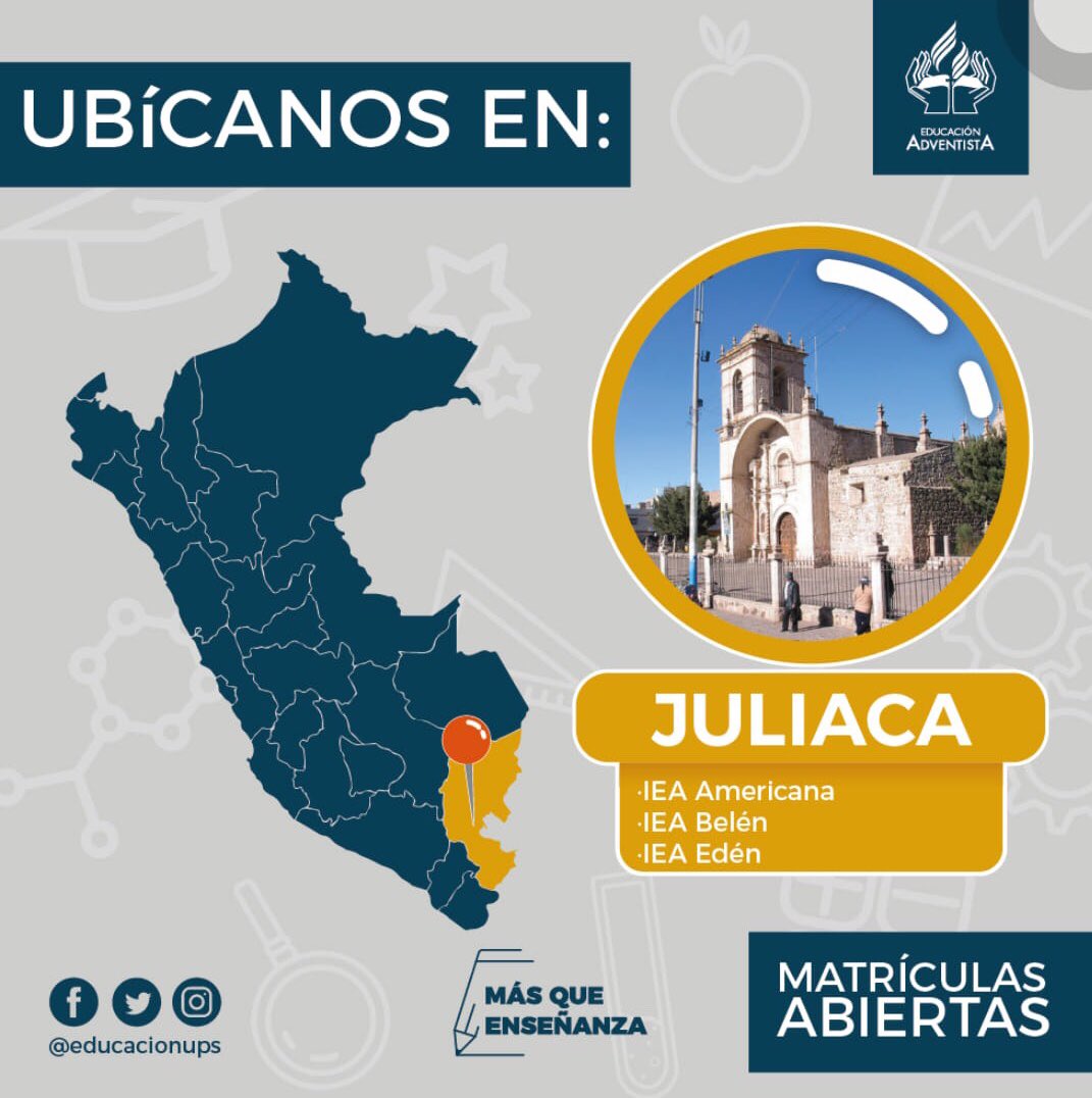En la cuidad de JULIACA ubica la sede más cercana a tu casa. 📌 Te esperamos!!!
🏫 IEA Americana.
🏫 IEA Belén.
🏫 IEA Edén.
#MatrículasAbiertas2019
#EducaciónAdventista #MásQueEnseñanza #AEAPuno