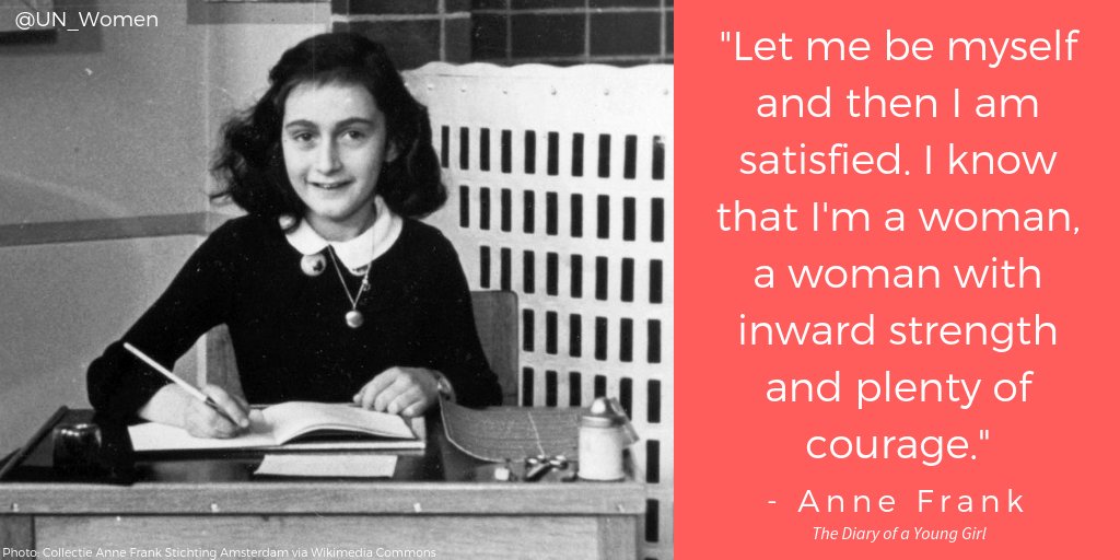 UN_Women's tweet image. "How wonderful it is that nobody need wait a single moment before starting to improve the world." -- Anne Frank.

On #HolocaustRemembrance, let's echo her words and act against discrimination.