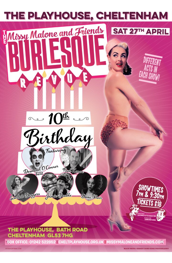 So EXCITED to announce the line up and Art Work for The Missy Malone &amp; Friends Burlesque Revue 10th BIRTHDAY SHOW on 27th April! 

Two shows! Tickets avaible Now! : cheltplayhouse.org.uk <a href="/CheltPlayhouse/">Cheltenham Playhouse</a>