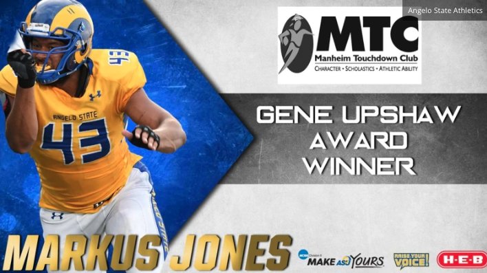 Excited to be chatting with Angelo State University's all-time career sack leader, Markus Jones at the top of the hour. We'll talk about his <a href="/GeneUpshawAward/">GeneUpshawAward</a> winning season in which he racked up 36.5 TFL's (!) &amp; 17.5 sacks (!). Tune in: tobtr.com/s/11173017 #ONAIR