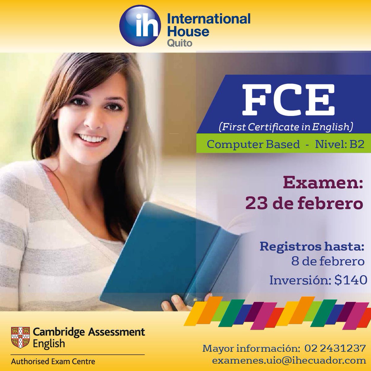 IHEcuador's tweet photo. Obtén tu certificación #B2 en IH Quito. Inscríbete para el próximo examen FCE hasta el 8 de febrero.
Informes: 02 2431237 - examenes.uio@ihecuador.com
#cambridge #ingles #b2 #fce #ingles #english #idiomas #estudios https://t.co/3yRvD5n92m