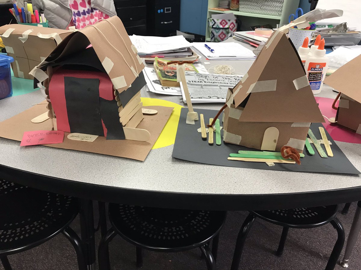BrennaWolfram's tweet photo. Friday students completed a STEM challenge after reading Sign of the Beaver. Students had to construct a log cabin made of “natural resources” like the characters did in the novel! 🏚 #magic #intentional https://t.co/Xvb5X5rR6O
