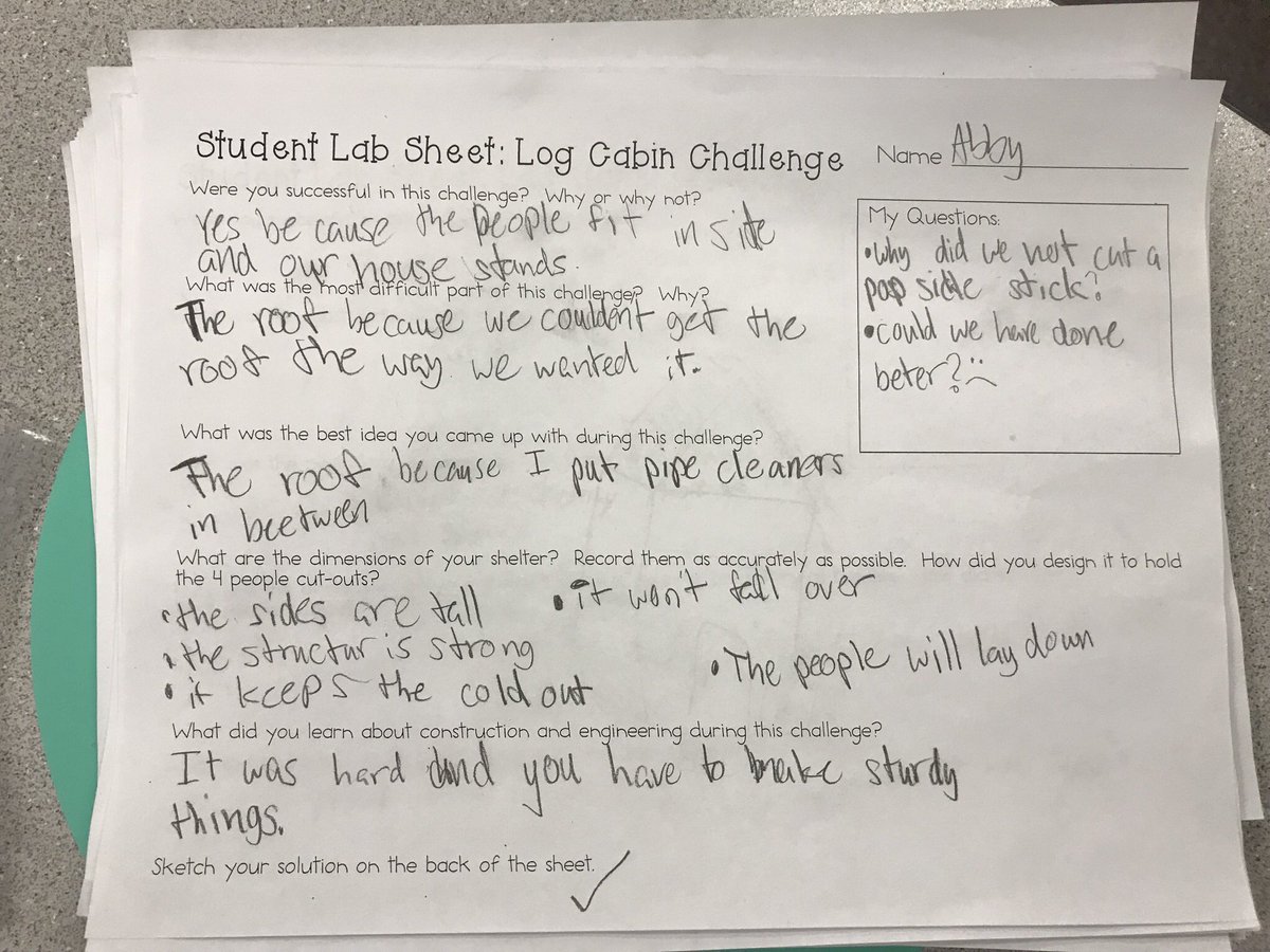 BrennaWolfram's tweet photo. Friday students completed a STEM challenge after reading Sign of the Beaver. Students had to construct a log cabin made of “natural resources” like the characters did in the novel! 🏚 #magic #intentional https://t.co/Xvb5X5rR6O