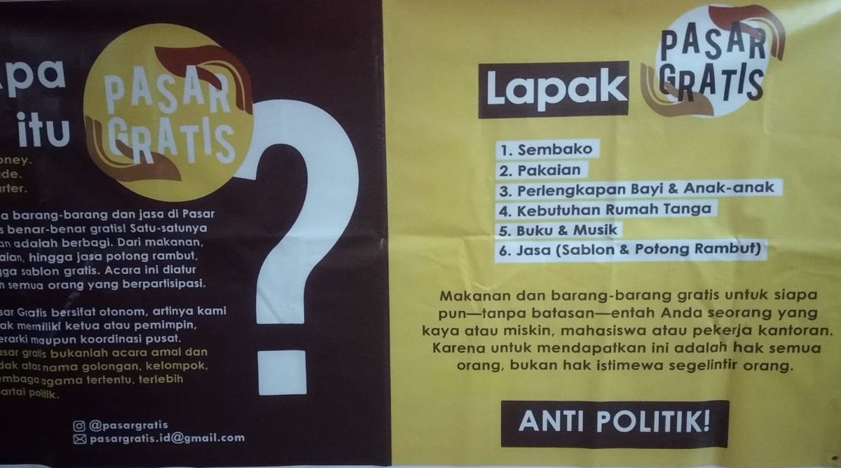 ikarusspace's tweet photo. Pasar Gratis is an alternative infrastructure in order to remind ourselves and communities, that giving and sharing were intrinsic part of most-if not all-species. State and capitalism spent centuries--of failures--in repressing our primitive urge to cooperate and help each other https://t.co/3IxxYxmX6S