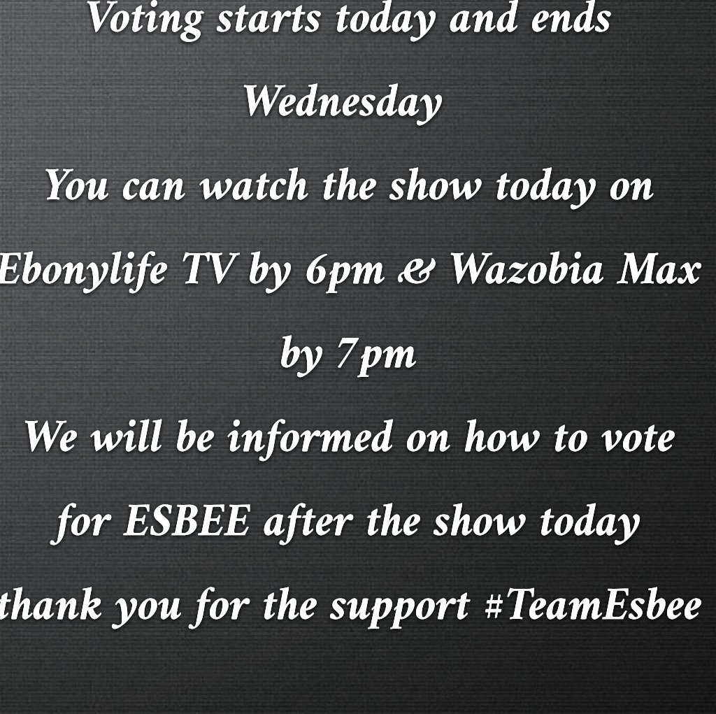 teamesbee's tweet photo. Voting starts 7pm today y'all & closes Wednesday 12pm! Details on how to vote will be up at 7pm
ESBEE @therealesbee needs y'all votes to stay on the show & win this as the favorite songwriter of @stardom_nigeria Season 1! π
Thanks the love and support #TeamEsbee #StardomNigeria https://t.co/1bj7VwWpc5