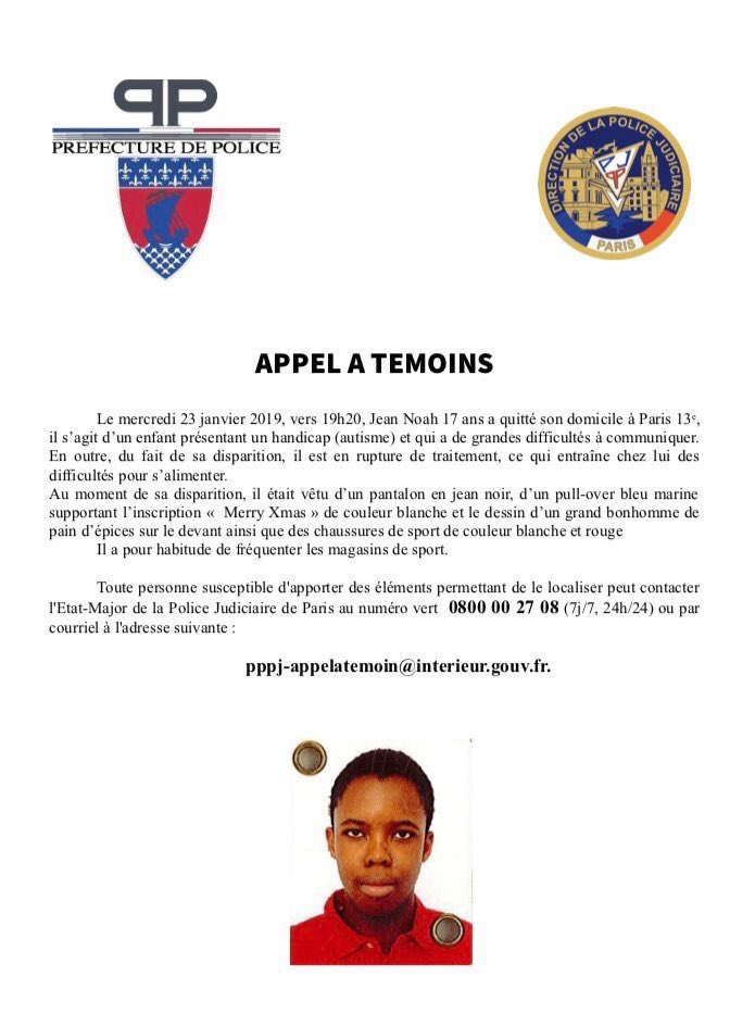 f_chapel's tweet image. Appel à témoin urgent. Jean Noah, jeune ado #autiste de 17 ans a disparu depuis 4 jours. La préfecture a relayé l’info. Les médias commencent à reprendre. Il faut vite le diffuser. Les parents donnent également leurs numéros 06 05 61 93 06
06 34 33 28 69