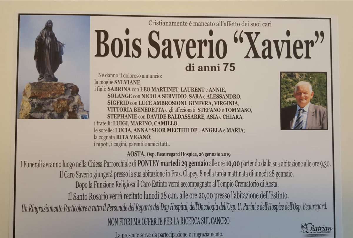 AVIS Valle d'Aosta è in lutto per la scomparsa di Saverio Bois Xavier, 75 anni di Pontey, già vice presidente AVIS regionale Valle d'Aosta e presidente AVIS Chatillon, consigliere regionale AVIS e vice presidente AVIS Chatillon