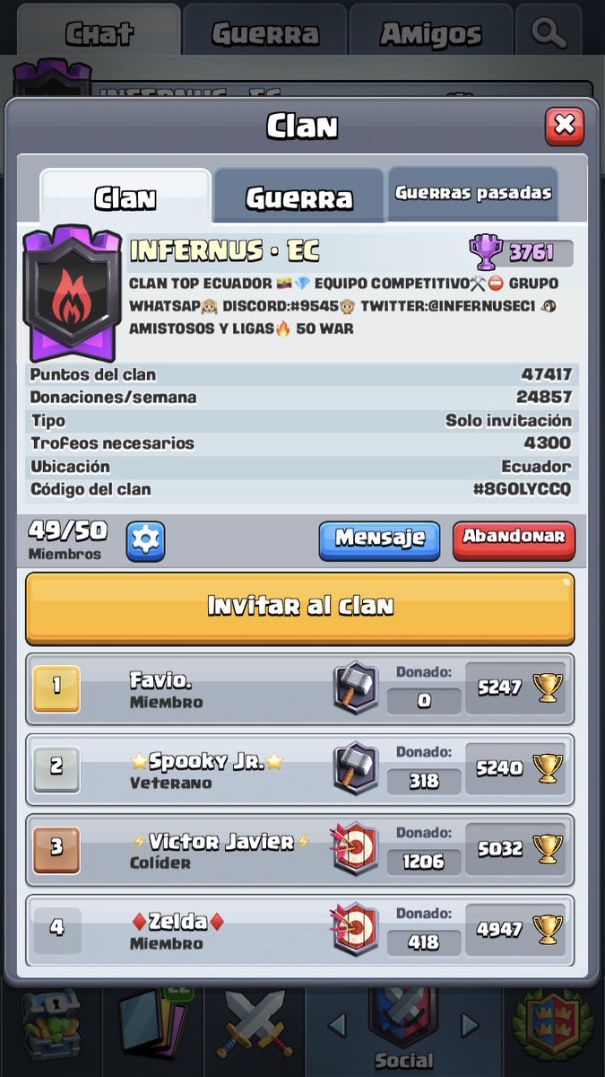 INFERNUS EC BUSCA GENTE PARA LADDER Y COMPETITIVO. PAGO Y BENEFICIOS AL MEJOR. +20k cartas +15 Wins. +50 wars. @DarkfightGT_ @Mane12JOJO @PromotionLatam  @KAMI_Clash @LatamPublicidad  <a href="/PromotionsC/">Promotions CR</a> @PublicidadRTS #CLASHROYALE #buscoequipo
