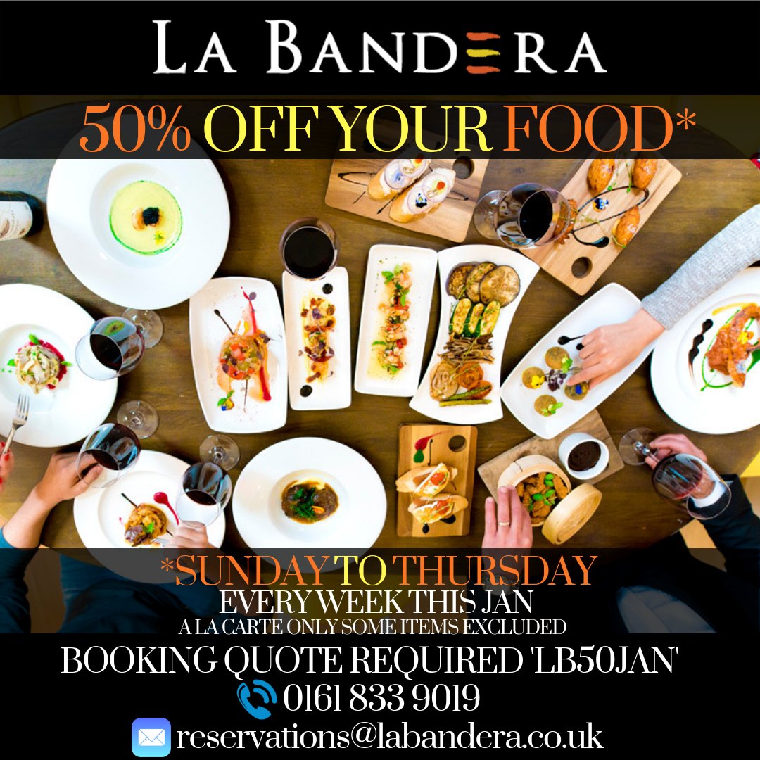 It's the last few days for 50% off on your food when you dine with us 🥘 🇪🇸

Get the most out of January while it still lasts. 

Use the code 'LB50JAN' when reserving a table

Email 📧 reservations@labandera.co.uk or 📲 call 0161 833 9019