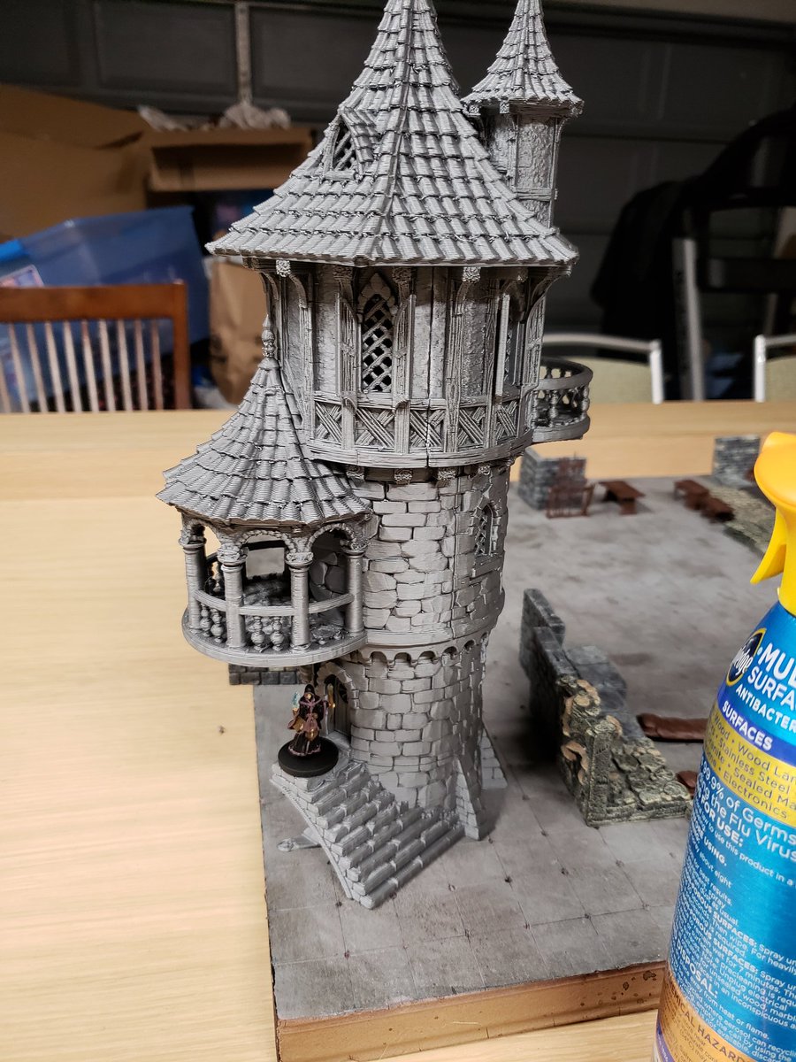 First 2 completed prints from Printable Scenery, Fluyt and Wizards tower! Just need to fill the seams and paint, they're done! The ship still needs masts, cannons, etc, but the bulk of it (close to 48 hours of print time) is done! #dnd #dnd5e #3dprintedtabletop #printablescenery