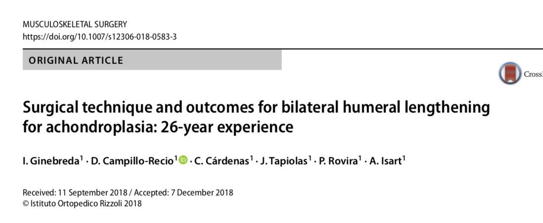 AnnaIsart's tweet photo. La nostra última publicació Musculoskelet Surg.: Surgical technique and outcomes for bilateral humeral lengthening for achondroplasia: 26-year experience. Ginebreda, Campillo-Recio, Cárdenas, Tapiolas, Rovira i Isart. @cirugiadecadera @PilarRovira       @DarIcatme @QS_Dexeus https://t.co/Wotoe7A3PD