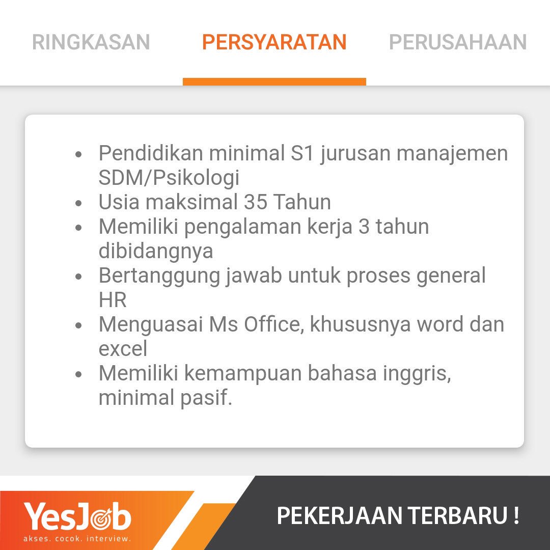 YesJobApp's tweet image. Loker buat kamu di bidang HRD di Jakarta. Mau? Langsung aja download aplikasi YesJob di HP kamu sekarang. Lengkapi profil registrasi dengan menjawab semua pertanyaan yang diberikan lalu tunggu kecocokan pekerjaan dengan profil kamu. Selamat mencoba! #dreamjob #job #jobs #loker