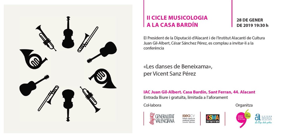GilAlbertIAC's tweet photo. Dilluns 28/1-19:30h en #CasaBardín, us invitem al cicle "Musicologia en la #CasaBardín" de @GilAlbertIAC en què Vicent Sanz i Perez, ex alumne del @csmalicante pronunciarà la conferència "Els danses de #Beneixama" i una parella del Grup de #Dansa de Beneixama dansarà en directe. https://t.co/7JAXRnZt52