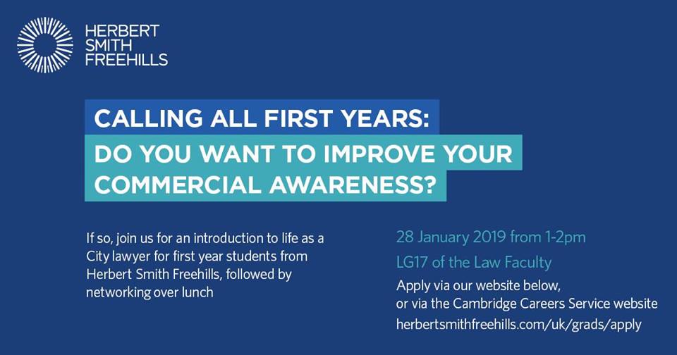 REMINDER: First Year Students: Do you want to improve your commercial awareness? You can still sign up for @HSFgraduatesUK's presentation on improving your commercial awareness on Monday 28 January from 1-2pm in the Law Faculty, LG17. Sign up: careers.cam.ac.uk/notice/Session….