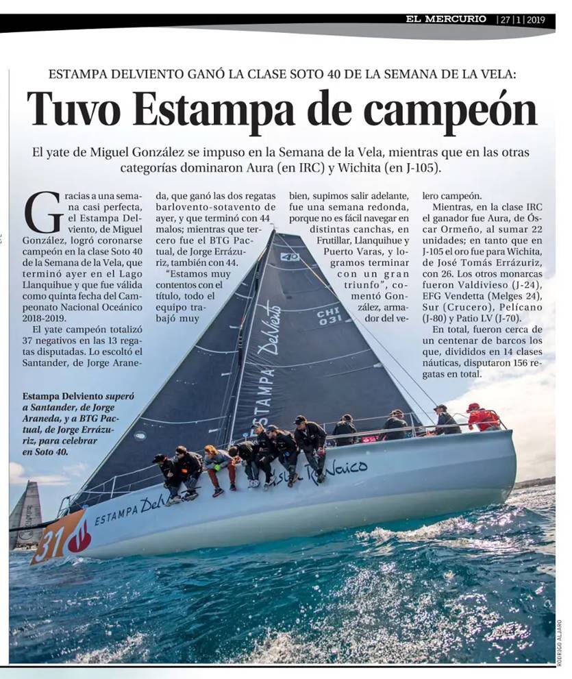 Orgullosos por este gran logro de nuestro #EquipoEstampaDelViento al coronarse como los indiscutibles campeones en la clase Soto 40 de la #SemanadeLaVela realizada en el Lago Llanquihue. ¡Felicitaciones a todos ellos! 🥇🏆⛵️

PD: Gracias amigos de <a href="/cno/">cno</a> x la gran cobertura!