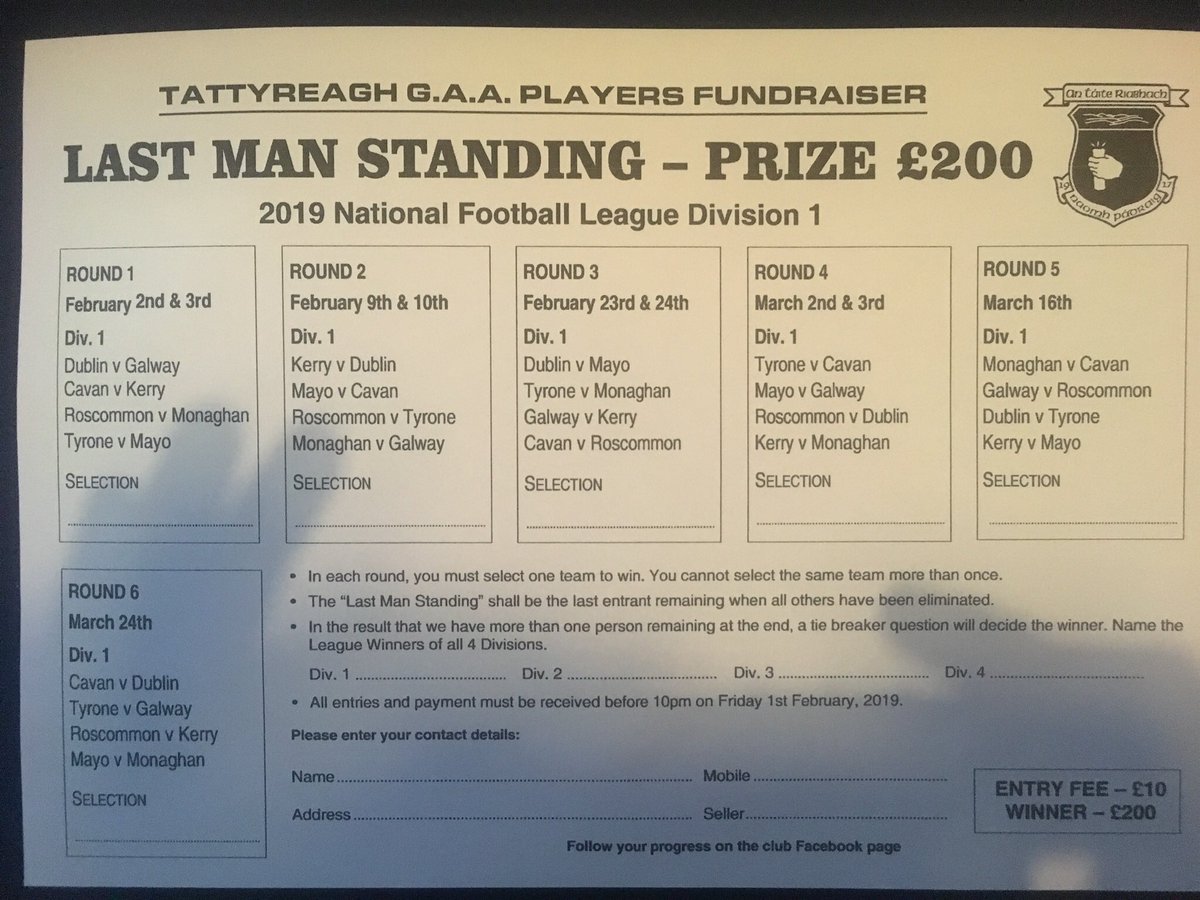 Tattyreagh GAA Player Fundraiser - LAST MAN STANDING

Just £10 to enter please message if you would like to enter.

Rules are that you must pick a different team every week!

#UTT #TyroneGAA