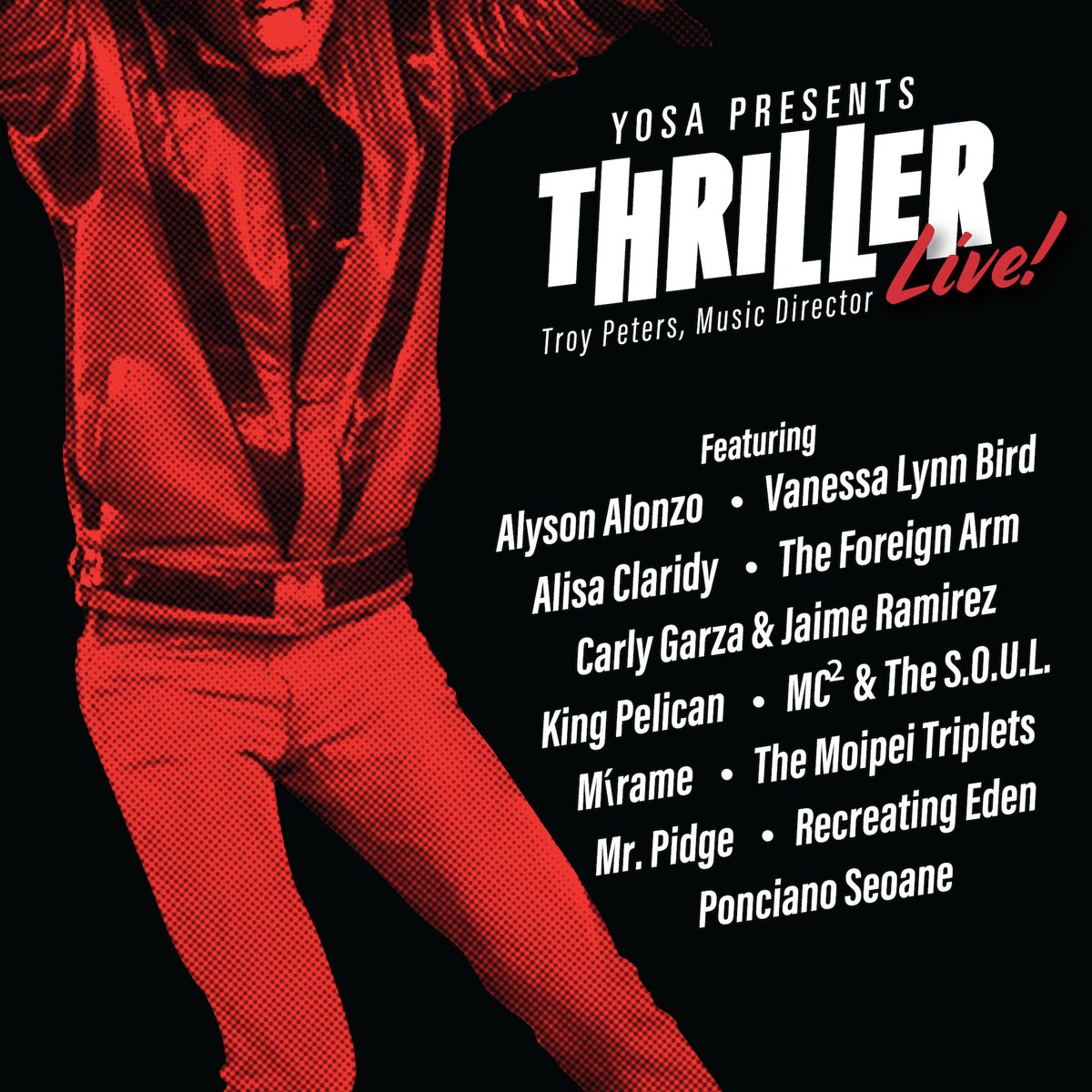Guest artists announced for #ThrillerLive!
<a href="/AlysonAlonzo/">Alyson Alonzo 🐀</a> <a href="/vanessalynnbird/">Vanessa Lynn Bird</a> <a href="/alisaclaridy/">Alisa R. Claridy</a> <a href="/ForeignArm/">The Foreign Arm</a> <a href="/carlyagarza/">Carly Garza 🐀</a> @AndMusicByJaime <a href="/kingpelicanband/">King Pelican</a> @MC2_MUSiC <a href="/miramemusic/">mírame</a> @TRIPLETSMOIPEI #MrPidge <a href="/recreating_eden/">Recreating Eden</a> <a href="/Ponciano_Seoane/">Ponciano Seoane</a>
Tickets at tobincenter.org/box-office/201…