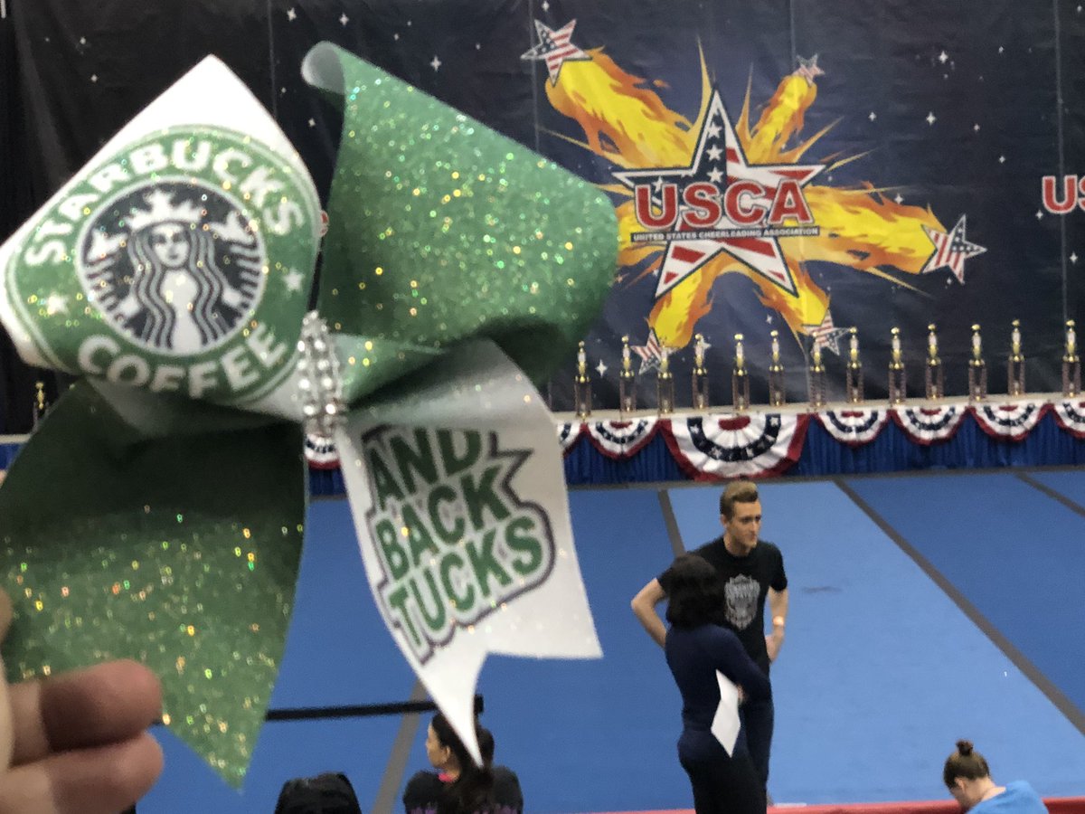 USCheerleading's tweet photo. Starbucks, the office Coffee of the Sunshine State Championship and USCA!!   
Giving away this Starbucks Bow Riggt Now!!  Like it, Love It!!   #CheerUSCA #USCheer #WeLiveForThis #WeCheerForThis #Starbucks https://t.co/2K7LQpQMjZ