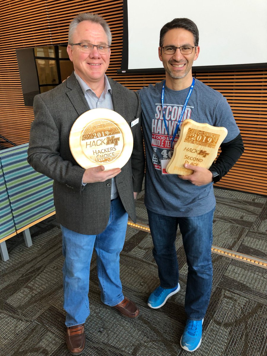 capigian's tweet photo. Wow, what an amazing 36 hours of #hackmt and thank you to our partners at @2HarvestMidTN for providing a real world problem for students from 5 schools.  We were honored to win the Hackers Choice Award and 2nd Overall.  @MTSU_ISA @MTSU_DSI #TrueBlue @FrankEllmo https://t.co/9MHOlvgEOp