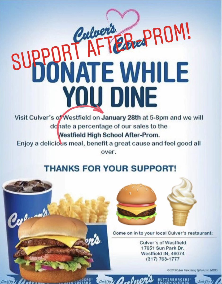 AfterWhs's tweet photo. Who wants to cook on a Monday??? NO ONE!

Come &amp; help support the WHS After-Prom on Monday from 5-8pm at Culver’s!
#whsafterprom2019☘️ @WWSWHS https://t.co/4uXa9TMBOa