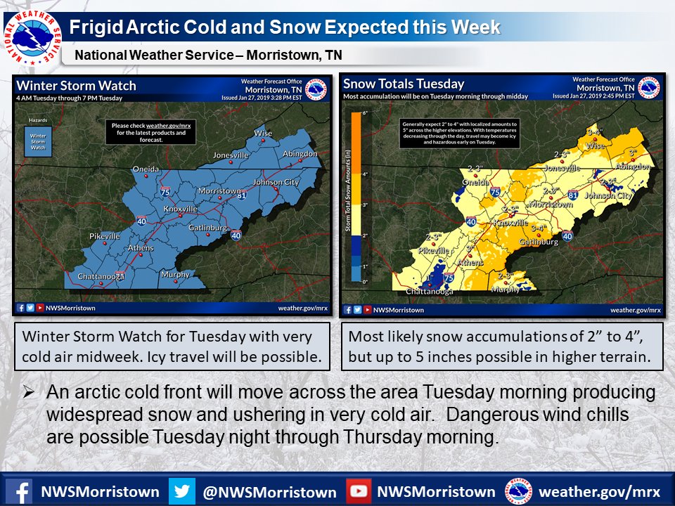 Updated thoughts on Tuesday's situation. Expect snow and cold air to move in on Tuesday, so we have issued a Winter Storm Watch which will be effective from 4 AM to 7 PM Tuesday. #mrxwx