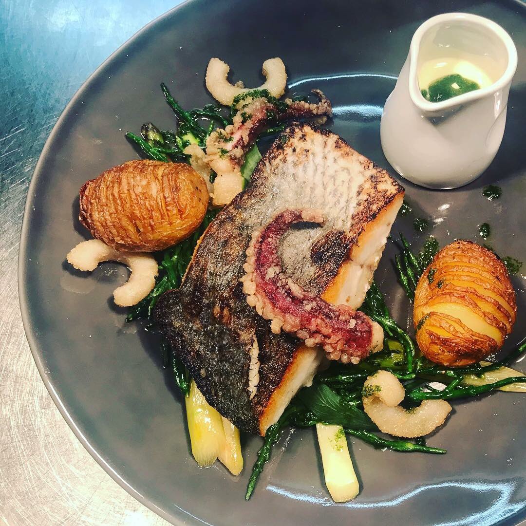 It’s been a busy weekend! This dish has been going down a storm! Stone Bass - Hasselback - Asparagus - Samphire - Crispy Squid - Tarragon Oil. New #holmfirth #huddersfield #yorkshire