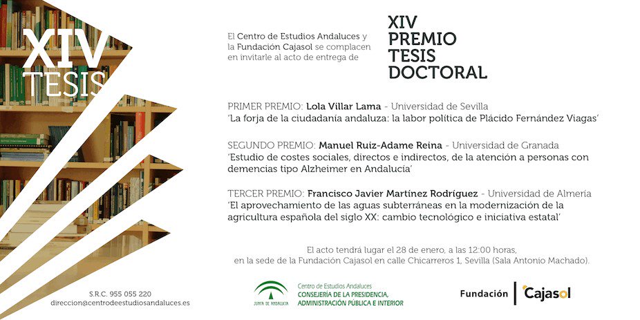 Cajasol's tweet image. Este lunes 28 se entregan los XIV Premios Tesis Doctoral de la Fundación @CEAndaluces en @Cajasol #Sevilla ¡Enhorabuena a los galardonados! bit.ly/2FTJ9w4 #PremioTesis2018
🏅Lola Villar Lama
🥈Manuel Ruiz Adame-Reina
🥉Francisco Javier Martínez Rodríguez