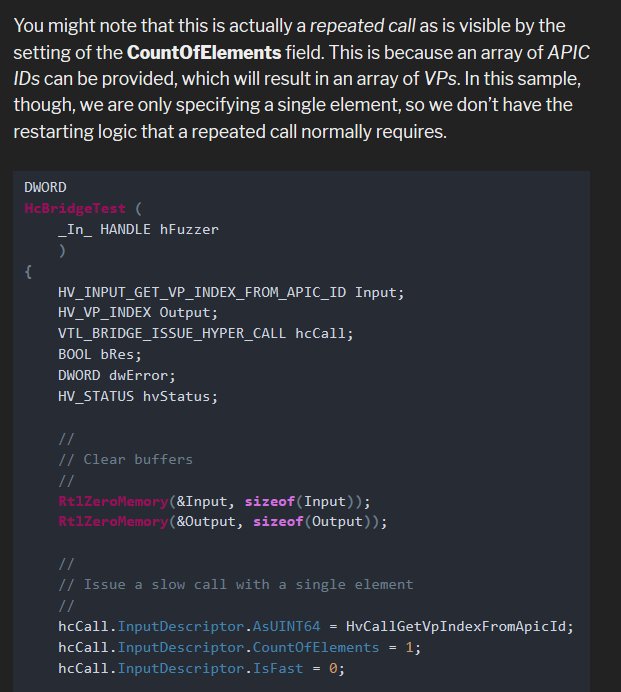 Interested in Hyper-V Internals? Read Part 2 of my continuing series on "Writing a Hyper-V "Bridge" for Fuzzing" as we get into the guts of hypercalls: alex-ionescu.com/?p=471 with sample code and more!