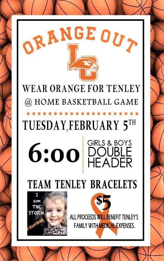TEAM TENLEY NIGHT Feb. 5 - 
The Hawks and Lady Hawks along with Cheer will be wearing their orange.  We encourage all to wear their orange. <a href="/therealLCHS/">LCHS</a> @tmckinsey2 <a href="/high_larue/">LARUE COUNTY HIGH</a>  <a href="/AshleyC25525386/">Ashley Clifford</a> <a href="/joshjagg/">Josh Jaggers</a> @PaulChi73993476 <a href="/Bigslaven30/">James Slaven</a> <a href="/BrownDee45/">Danielle Brown</a> <a href="/laruecheer/">LaRue Cheer</a> <a href="/AlexDPatt/">Alex Patterson</a>