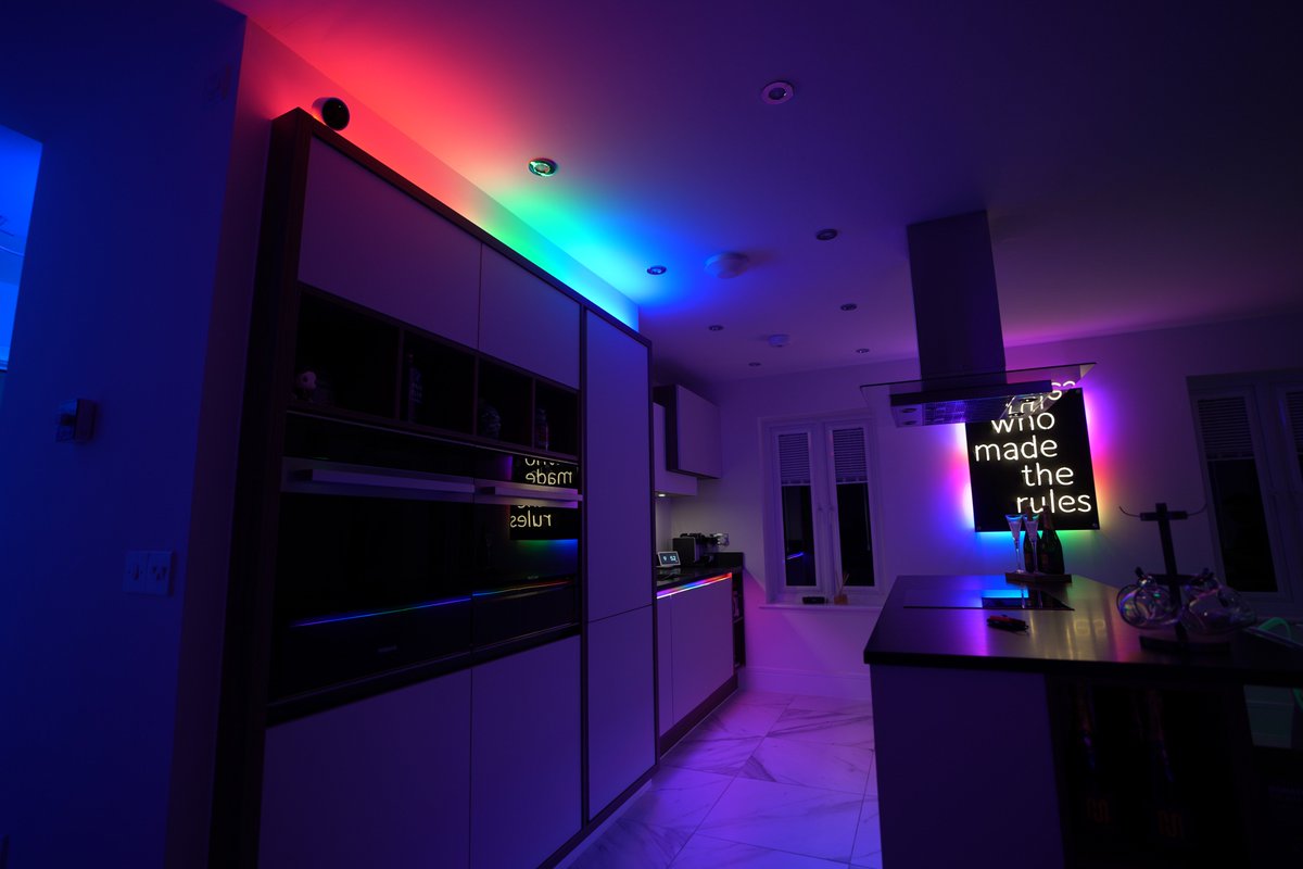 MarzBarGaming's tweet photo. All photos completely untouched. Welcome to my complete RGB @lifx kitchen. RT if you'd LOVE this! https://t.co/LvxjztGf3p