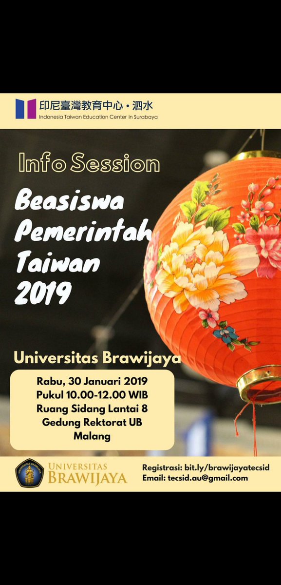 Info Session Beasiswa Taiwan 2019. link pendaftaran sebagai peserta :  bit.ly/brawijayatecsid kuota terbatas <a href="/UB_Official/">Universitas Brawijaya</a>