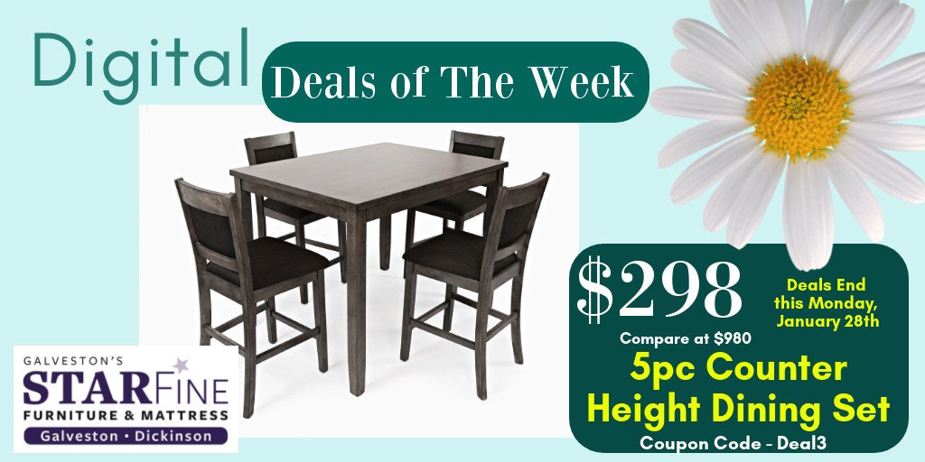 ORDER NOW: ow.ly/ZhBX50kmxNE
Digital Deals of the Week ends tomorrow, Monday January 28
COUPON CODE: DEAL3
5 Piece Dining Set includes table and 4 chairs, originally $980 now $298!!!