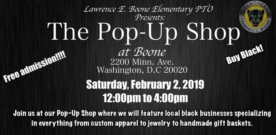Boone_ES's tweet photo. Come out &amp; join us on Saturday, Feb. 2 from noon to 4:00pm at The Pop-Up Shop at Boone!!! It’s going to be awesome!!! We will be featuring black businesses from the DMV area. You will be so glad you came! #DC #ward8 https://t.co/ihVDTVjGT8