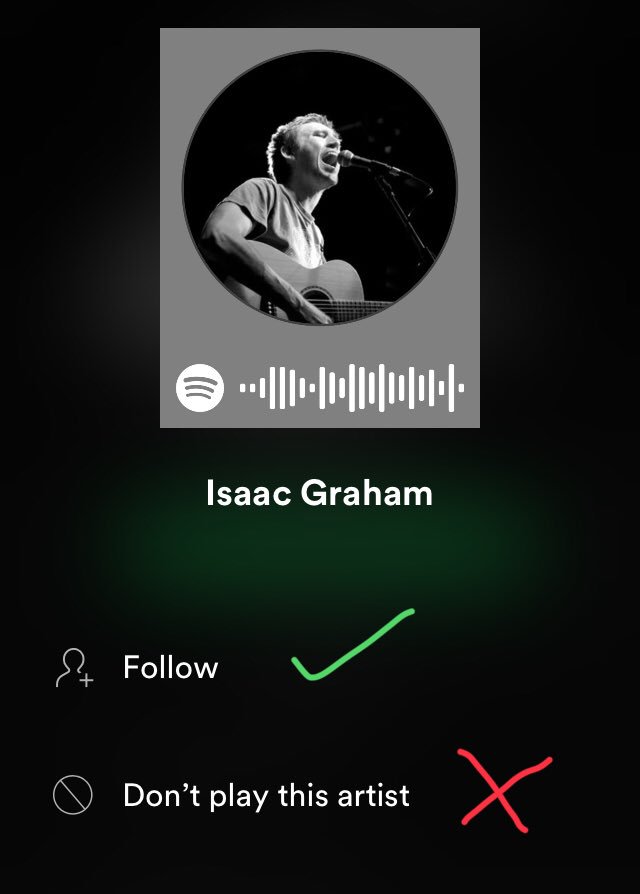 The ‘Follow’ and ‘Don’t Play This Artist’ buttons are dangerously close on the latest Spotify update.