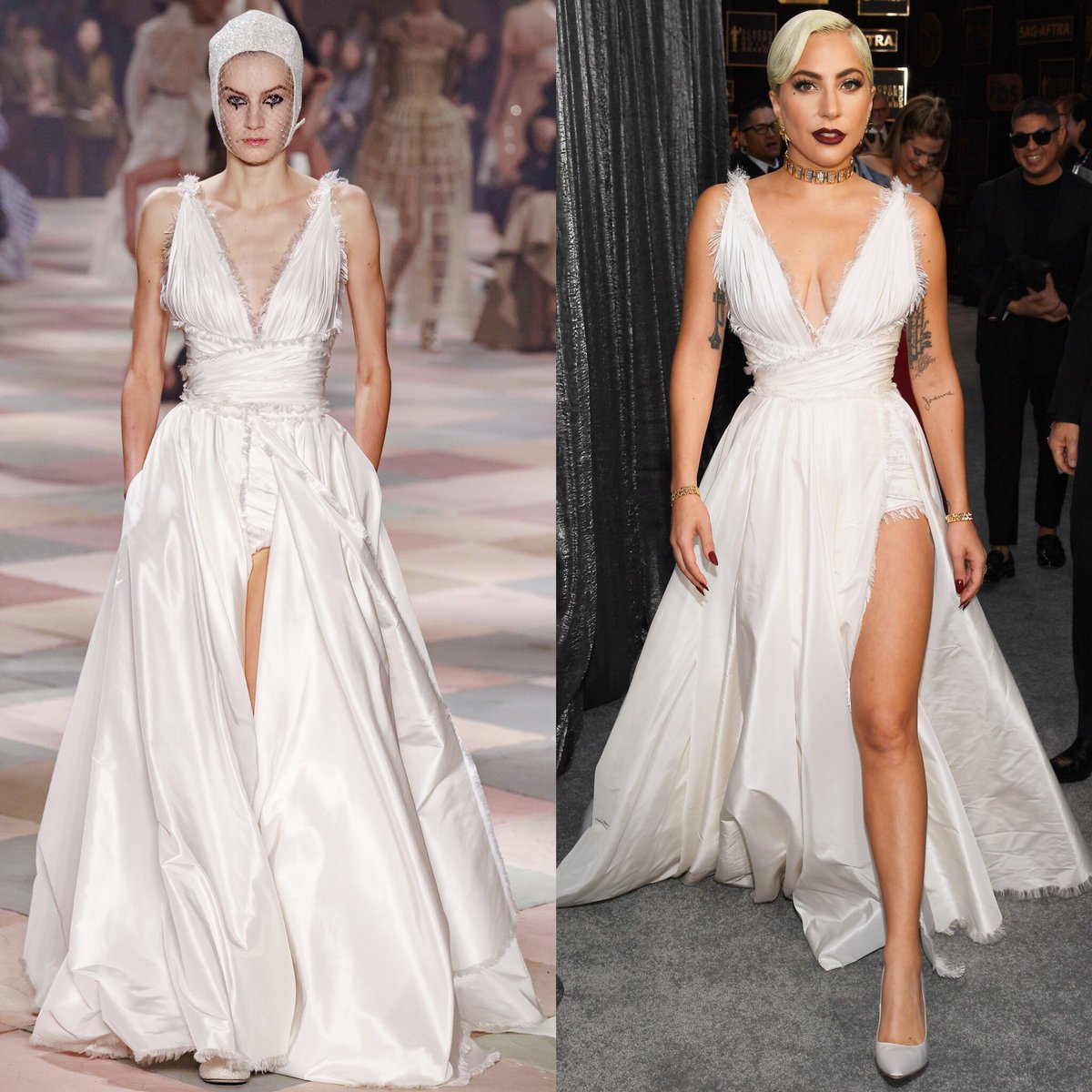 CarolMcColgin's tweet photo. Hot off the runway: #LadyGaga wears @Dior #hautecouture from this week’s Paris shows at the #SAGAwards https://t.co/UH3vPO96hN